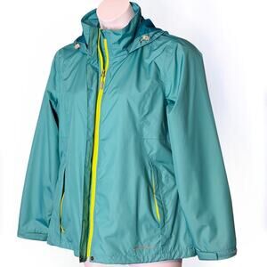 Y2K Eddie Bauer WeatherEdge Aqua Blue Hooded Windbreaker Rain Jacket Women Large